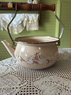 Vintage Enamel Teapot with Goose & Strawberry  Design